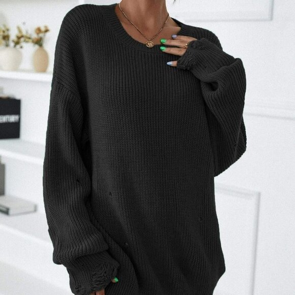 Black Preppy Womens Drop Shoulder Ripped Distressed Sweater Dress - Picture 5 of 5